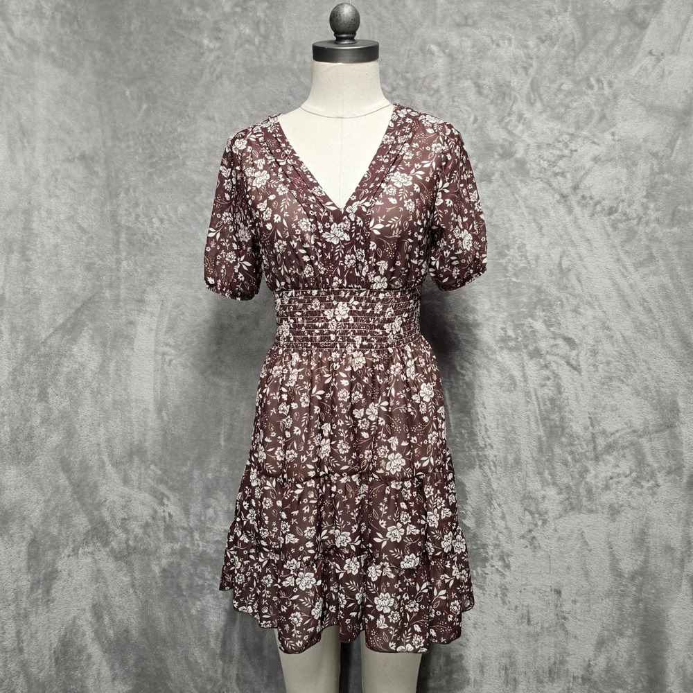 Babydoll Floral Smocked Waist‎ V Neck Mini Dress Brown White PS Feminine Boho